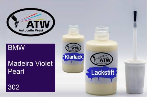 BMW, Madeira Violet Pearl, 302: 20ml Lackstift + 20ml Klarlack - Set, von ATW Autoteile West.